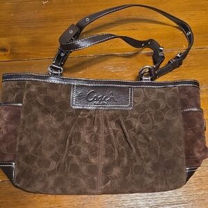 Coach F14000 Signature CEmbossed Chocolate Brown SuedeGallery Shoulder Tote